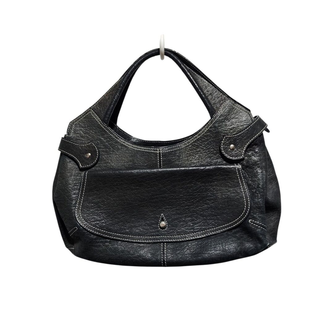 Penelope‎ Black Pebbled Leather Shoulder Bag Contrast Stitch Slouchy Hobo